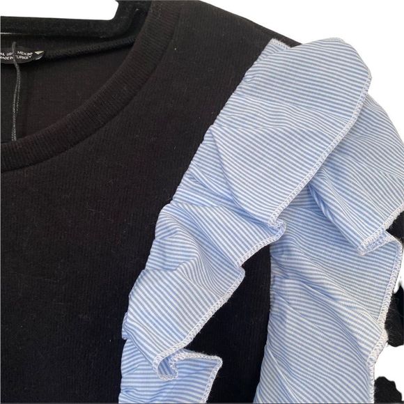 NWT ZARA CONTRASTING POPLIN SWEATER BLACK WITH WHITE /blue micro stripe L - Picture 3 of 8